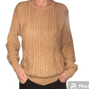 Vintage Fine Cotton Grandpa Camel Cable Knit Crew Neck Sweater
